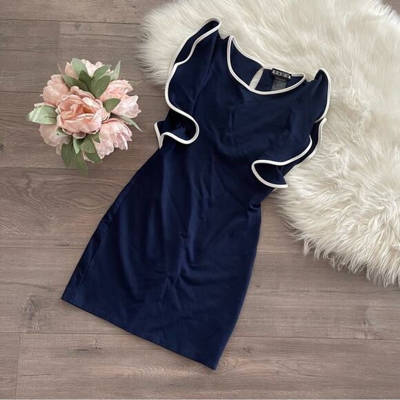 ASOS Paper Doll Navy Ruffle Sleeve Bodycon Stretch Dress S - Picture 3 of 5